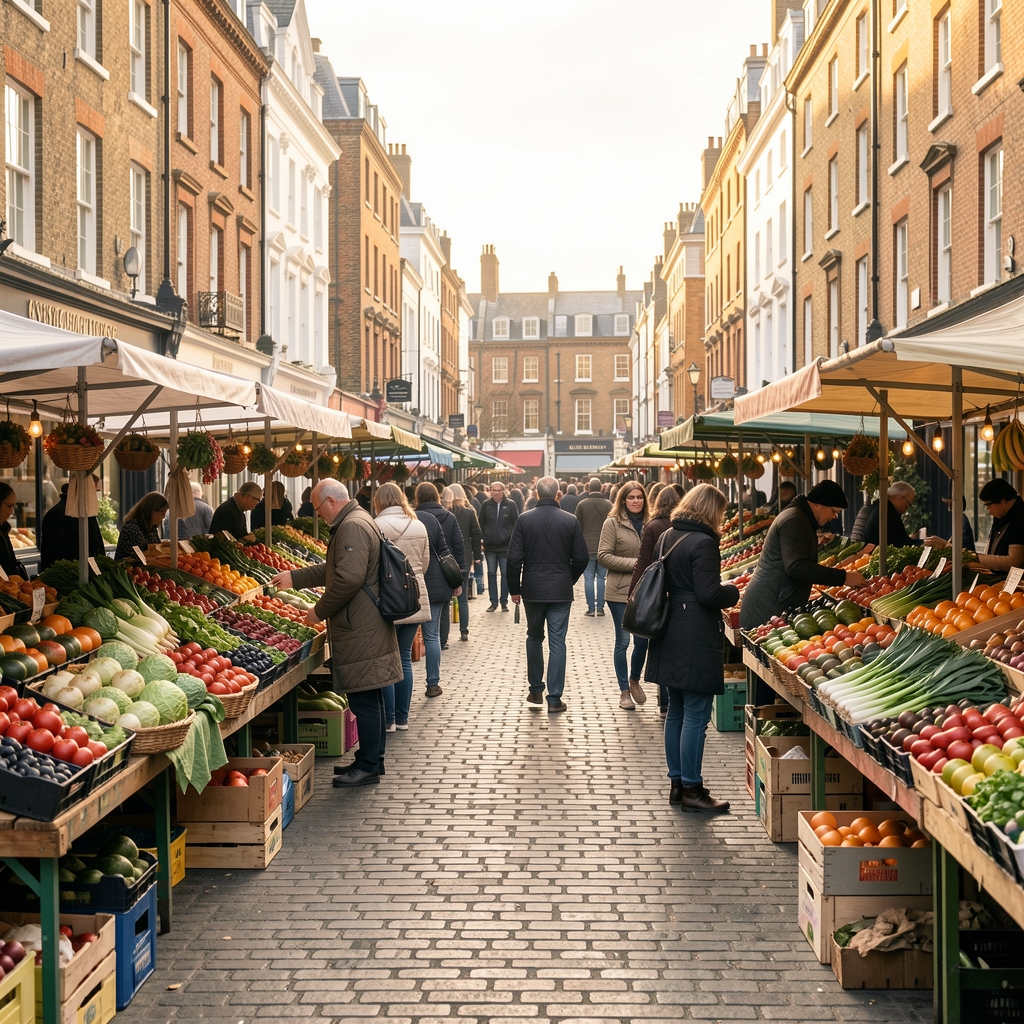 Wide shot of a London street market with seasonal produce on display, shoppers browsing stalls in soft morning light
