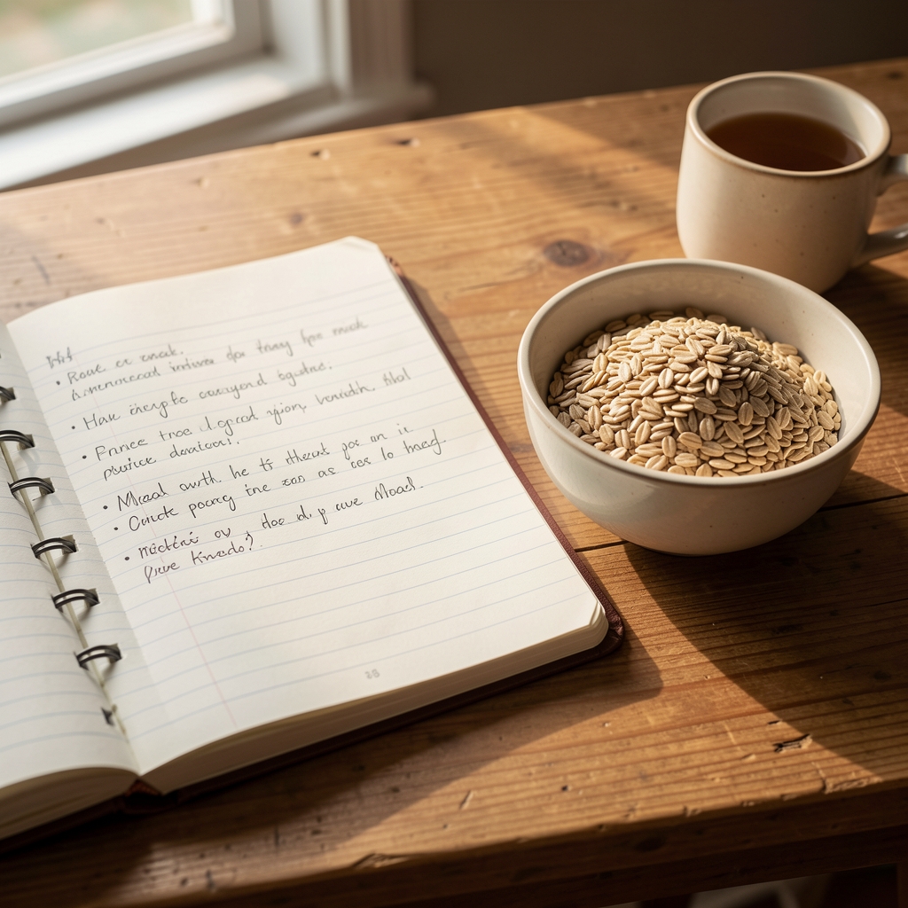 Open notebook and handwritten meal plan beside a cup of tea on a wooden desk in soft morning light