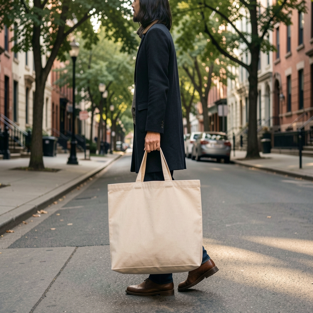 Urban street scene with a person carrying a canvas shopping bag on a quiet morning, soft natural light, trees in background