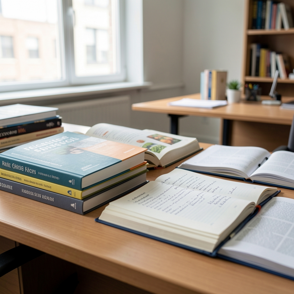 Stack of reference books and nutrition journals open on a desk in a well-lit editorial workspace, annotated pages visible